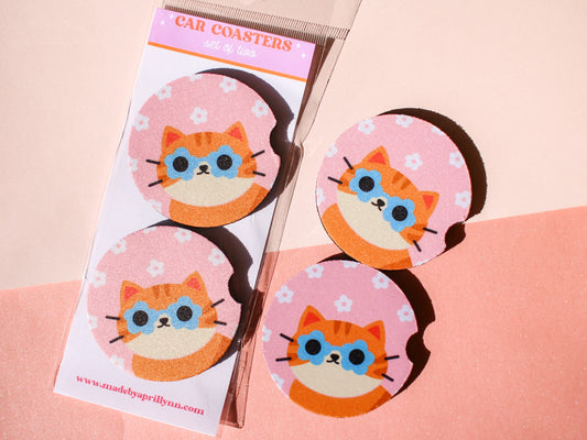 Orange Cat Car Coaster Set