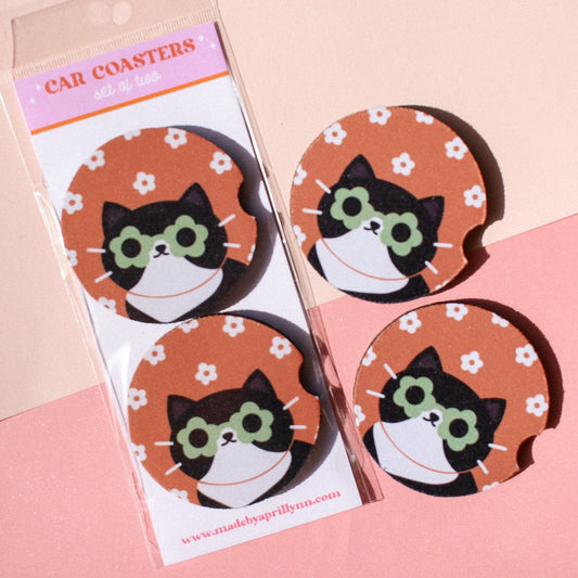 Tuxedo Cat Car Coaster Set