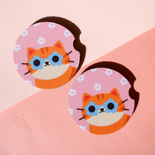 Orange Cat Car Coaster Set