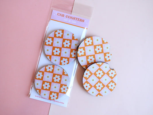 Checkered Daisy Car Coaster Set