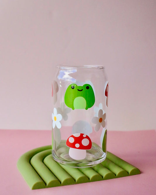 Frog + Mushrooms Glass Cup