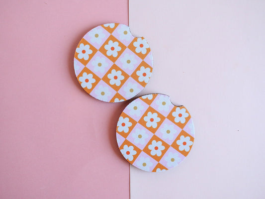 Checkered Daisy Car Coaster Set