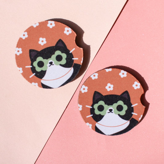 Tuxedo Cat Car Coaster Set