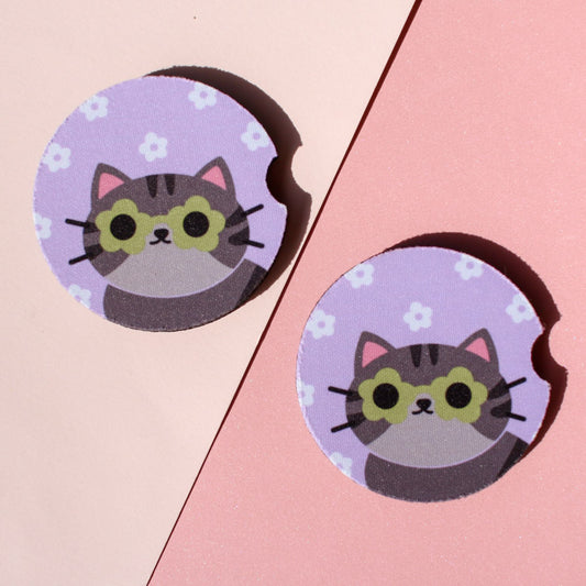 Gray Tabby Cat Car Coaster Set